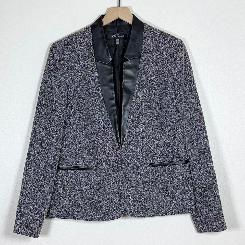 Kasper Womens Blazer Size 12 Gray Tweed Faux Leather Tuxedo Collar Career